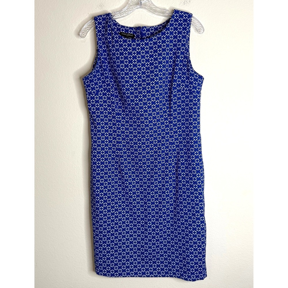 Mario Serrani Dress Womens 12 Blue White Geometric Sheath Sleeveless Preppy